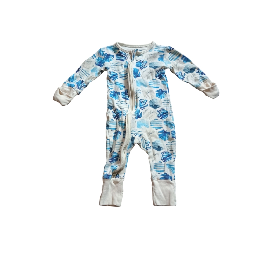 Earthy 6-9 month Baby Sleeper Pj Tropical Zip Up  One Piece - Blue and Cream
